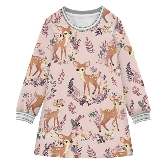 Girls' long-sleeved dress Beautiful Spotted Deer Girls' A-line dress with ribbed cuffs Soft and comfortable