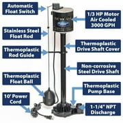 Superior Pump 92333 Multi Use Utility Sump Water Pump, 120 V, 0.33 Hp, 1-1/4 in Outlet, 50 Gpm, Thermoplastic - Black