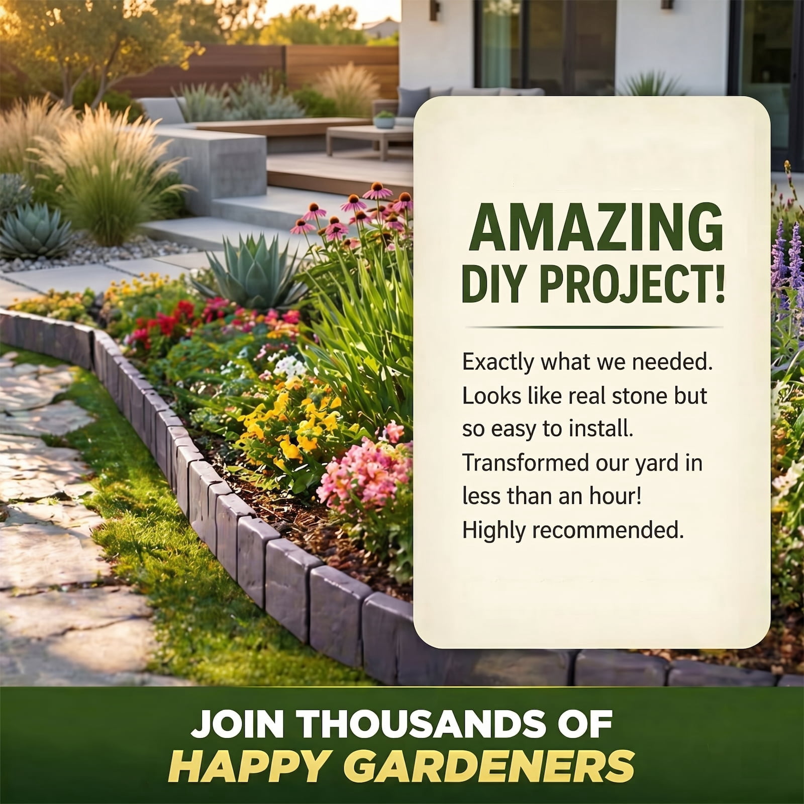 Faux Stone Landscape Edging, No-Dig Plastic Garden Border Fence, Interlocking Lawn Edging for Flower Beds & Pathways