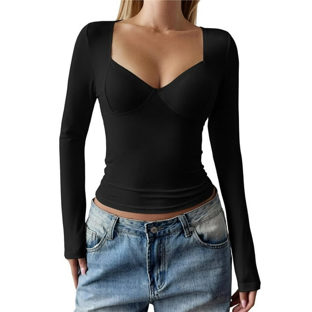 Camisetas de Larga con Cuello en V para Mujer, Top Corto con Doble Forro y Copa con Costura, Tops para Salir Negro M