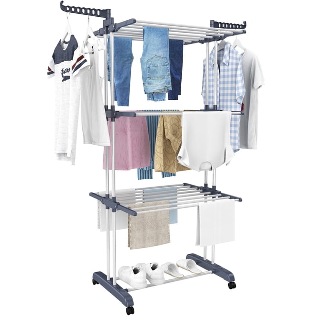 Séchoir à Vêtements, Cintre Pliable à 4 Niveaux Réglable Grand en Acier Inoxydable avec 4 Roulettes