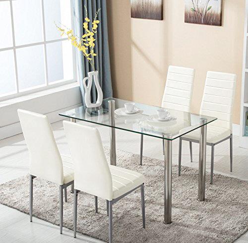 Ktaxon 5 Piece Dining Table Set Dining Table & 4 Leather Chairs,Glass Top Kitchen Dining Room Furniture,White - image 5 of 7