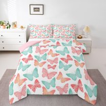 Homewish Colorful Butterflies 3 Pieces Queen Comforter Set For Children Kids Teens,Dreamy Princess Ultra Soft Bedding Sets,Pink Teal Bedding Comforter Set,Luxury Bedroom Decor,Reversible