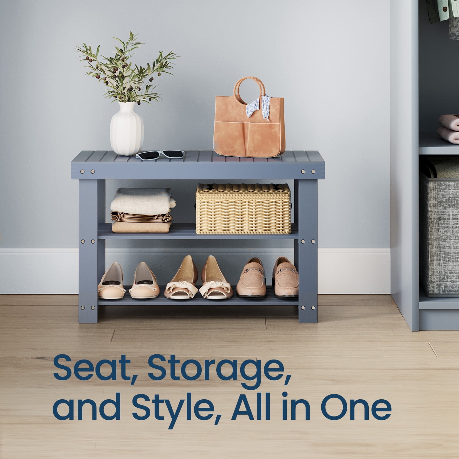 LEDREM 3-Tier Bamboo Shoe Rack Bench, Entryway Storage Organizer with 286 lb Capacity, 27.6 Inch, Grey