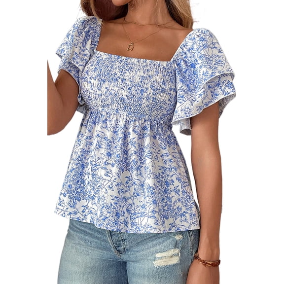 TinyCribz Sky Blue Floral Smocked Top for Women – Ruffled Short Sleeve Square Neck Summer Peplum Blouse XL