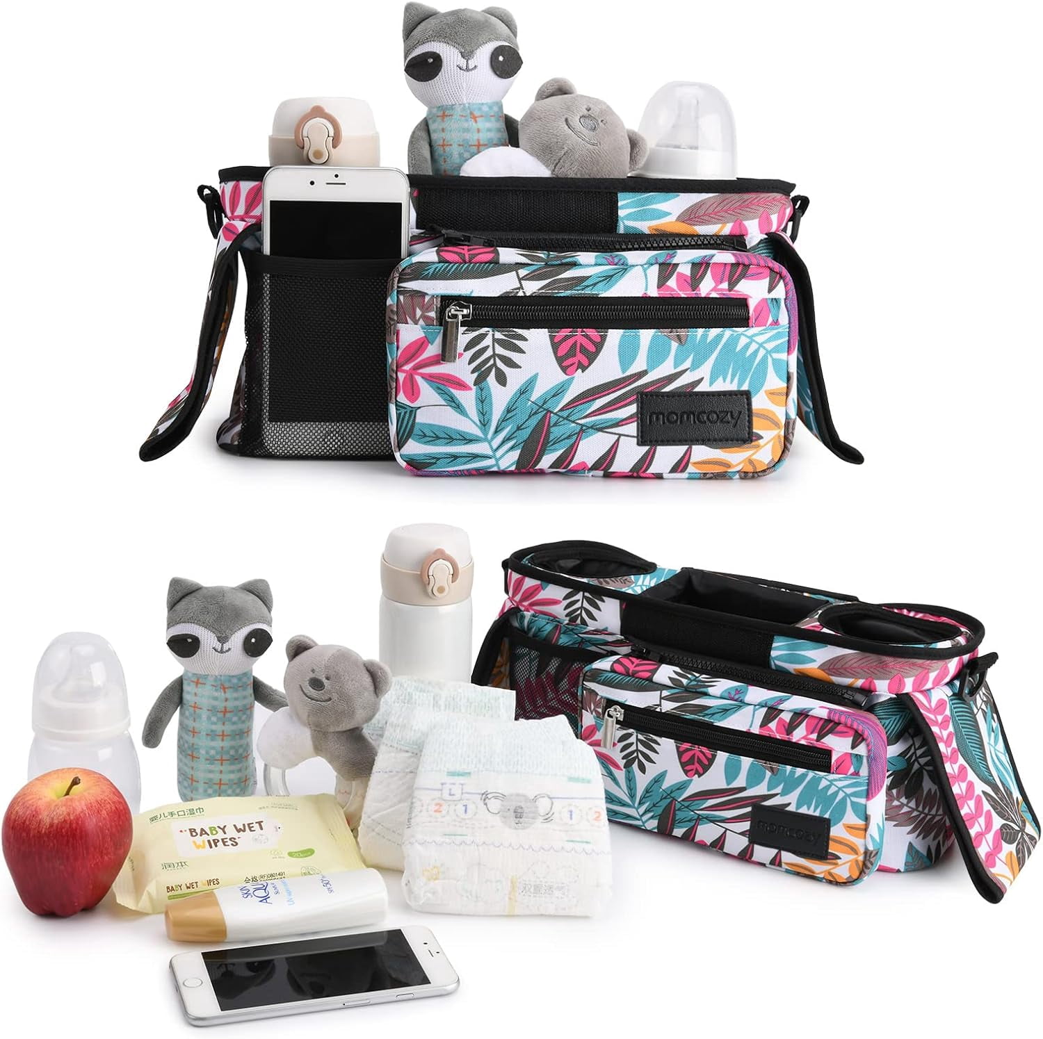 Momcozy Universal Stroller Organizer with Insulated Cup Holder for Newborn & Toddler, Tropical Style
