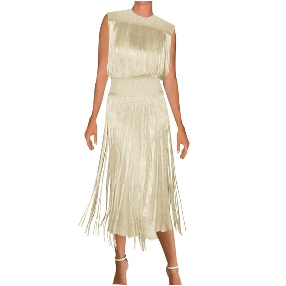 Efsteb Elegant Fringed Evening Dress for Women Shiny Sleeveless Tassel Tiered Party Cocktail Midi Dresses (Silver,XXXL)