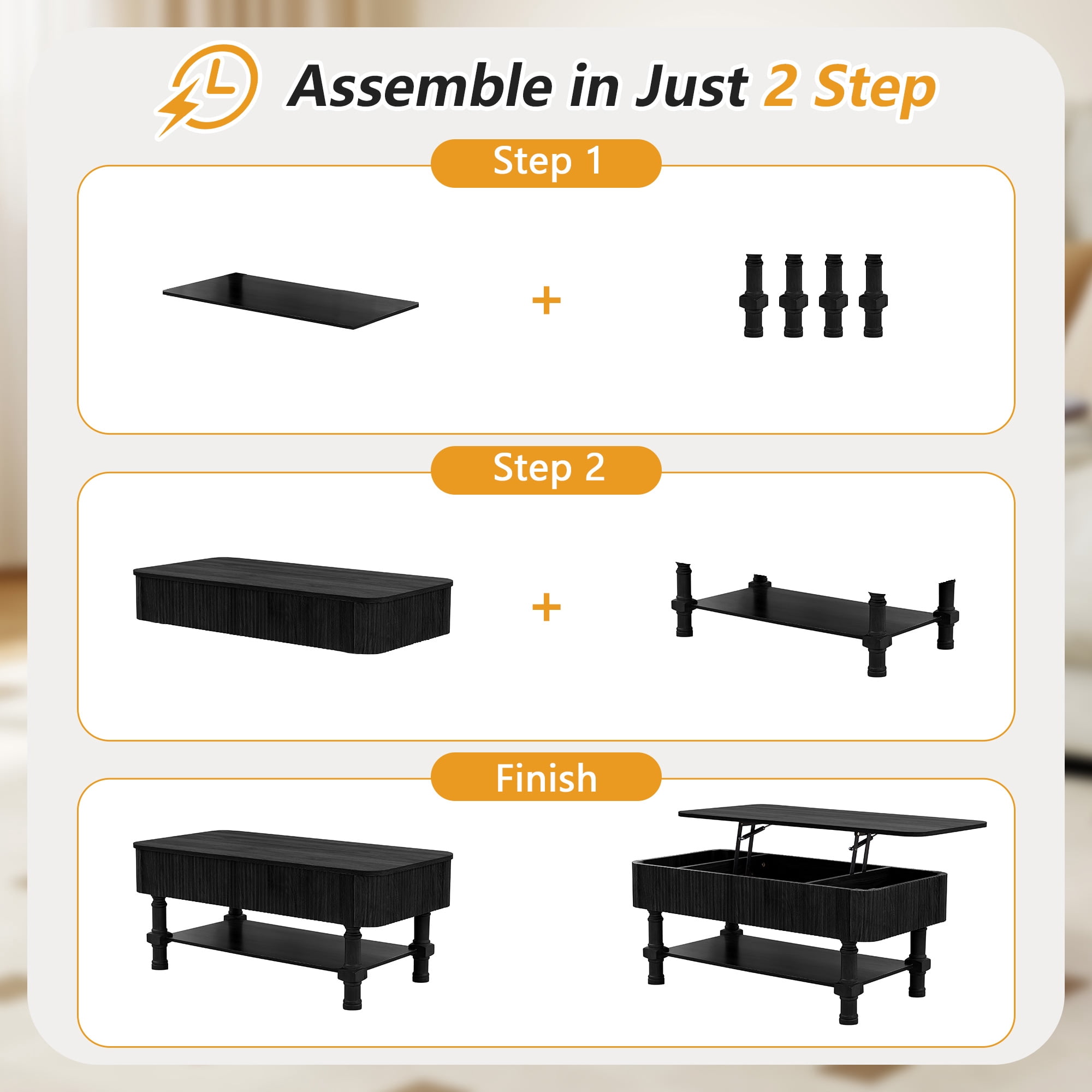YOCWO Wood Roman Column Lift Top Coffee Table with Storage, Fluted Rectangle Coffee Table with Hidden Compartments for Living Room, Black
