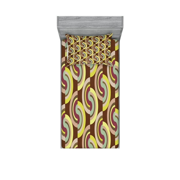 Ambesonne Modern Fitted Sheet & Pillow Sham Set, Vintage Colorful Rounds, Twin, Lilac Purple and Cocoa