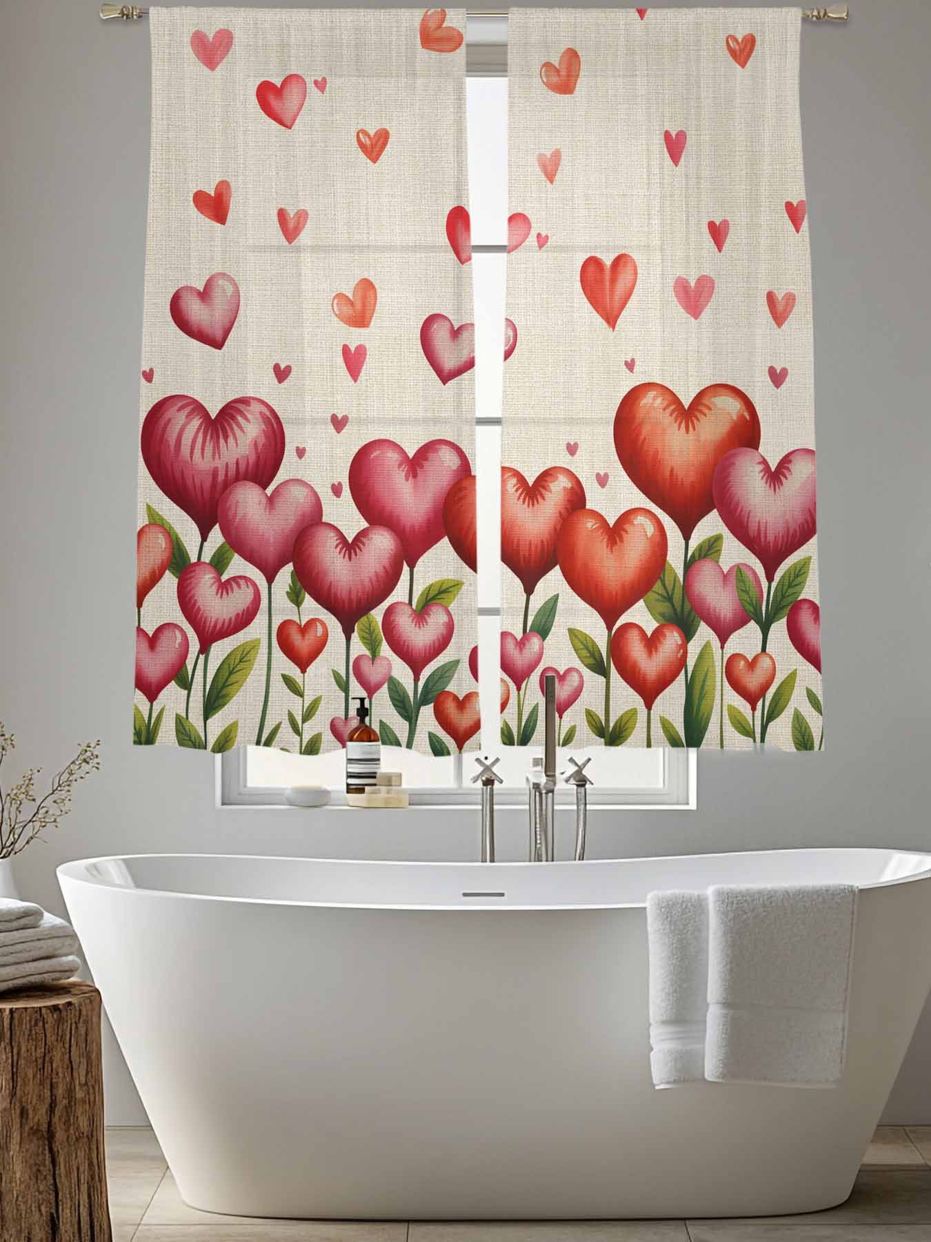 Valentine's Day Sheer Curtains 2 Panels Set Watercolor Red Pink Love Heart Floral Plant Linen Texture Sheer Window Curtains Light Filtering Rod Pocket Voile Drapes for Bedroom Living Room 52"X72"