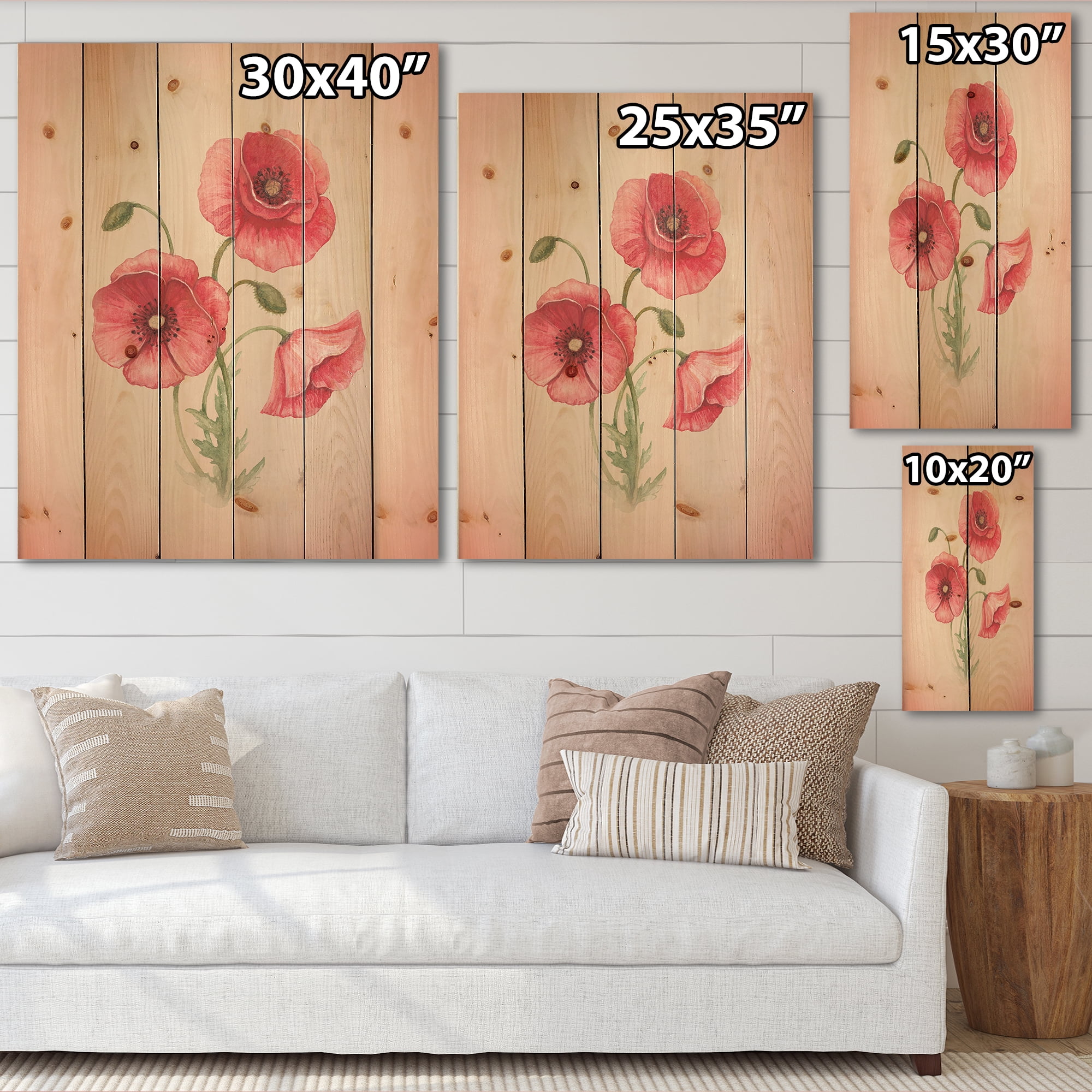 Designart 'Poppy Retro Flowers' Vintage Print on Natural Pine Wood