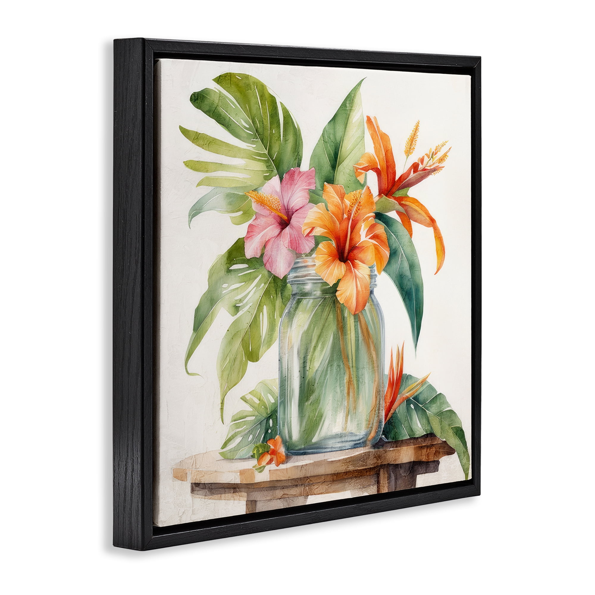 Stupell Industries Tropical Floral Jar Plants & Flowers Painting Black Floater Framed Canvas Art Print Wall Art, 18 x 18
