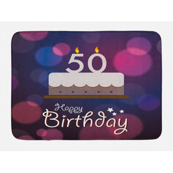 50th Birthday Bath Mat, Color Spots in Graphic Style Cake Number Candlesticks Cute Lettering, Non-Slip Plush Mat Bathroom Kitchen Laundry Room Decor, 29.5 X 17.5 Inches, Blue Pink White, Ambesonne