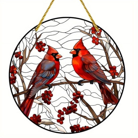 Red Bird Design Round Acrylic Ornament - 2D Wall Art with Hanging Rope, 8x8 Inch, Nature-Inspired Home Decor