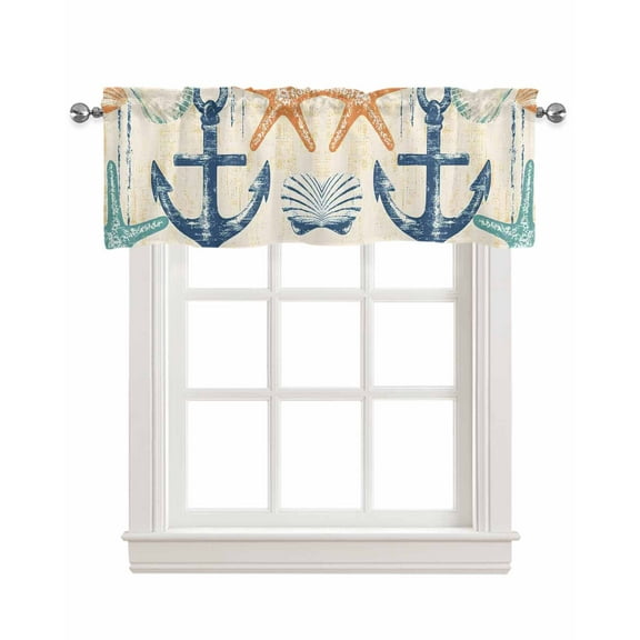 Nautical Anchor Kitchen Valances for Windows Farmhouse Linen Window Valance Curtain for Living Room Window Treatment Summer Coastal Ocean Vintage Starfish Valance Rod Pocket Topper, 60 x 18 Inch