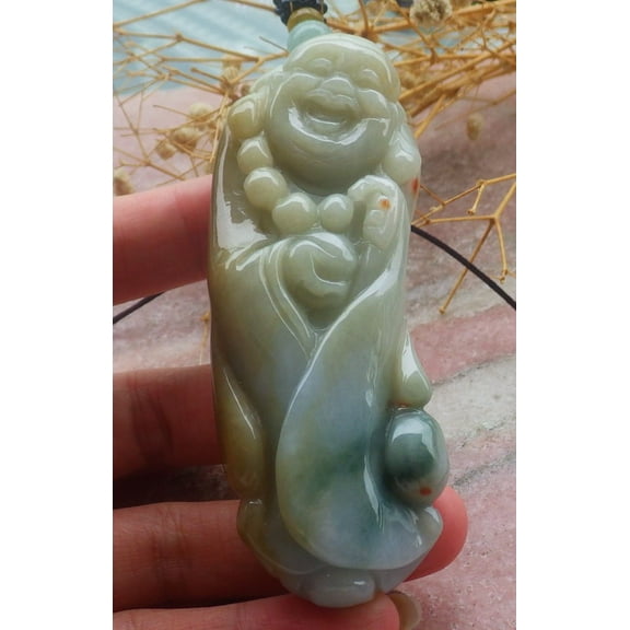 Yellow Green Natural A Jade jadeite pendant Buddha God Necklace 687546 TN