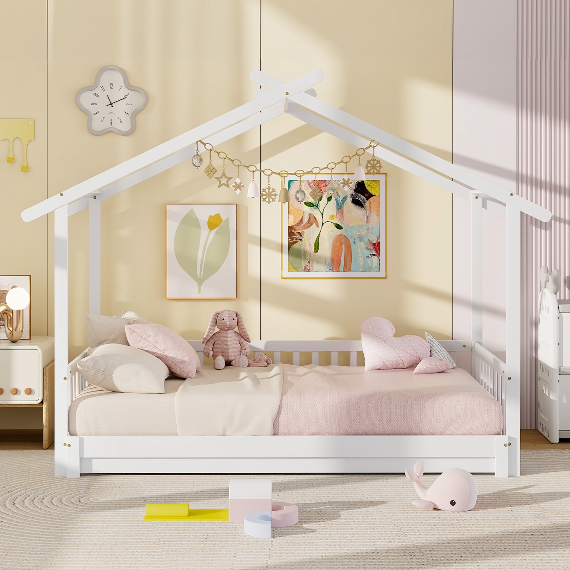 Gymax Wooden House Bed Twin to King Daybed w/ Safety Rails & Decorable Roof White