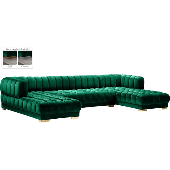 Meridian Furniture Velvet Sectional Sofa with Gold and Chrome Legs, Green
