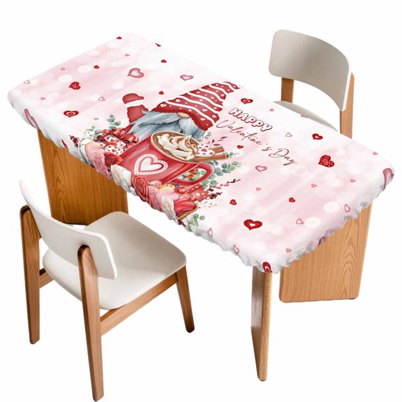 Valentine's Day Table Cloths for 5 Foot Rectangle Tables, Red Gnomes Hot Love Heart Rose Pink Patio Waterproof Elastic Fitted Tablecloths, Washable Rectangular Table Cover for Camping
