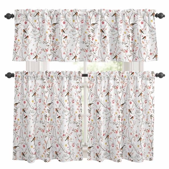 Flowers Birds Kitchen Curtains Sets for Windows 36 Inch Length, Farmhouse Botanical Floral Branches Plants Rod Pocket Window Treatments Tier Curtains and Valances Set for Bedroom/Bathroom