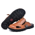 thumbnail image 2 of Domuza Men's Leather Fisherman Sandals Non-Slip Breathable Casual Outdoor Shoes Slide Flat Sandals Hollow Slip-on Beach Shoes for Summer Brown 10.5 (EU-46), 2 of 6