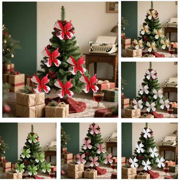 AYktou Christmas Tree Ornaments Butterflies Clips, Glittering Mesh Butterflies Pendant Christmas Ornaments Clip, DIY Wreath Window Display Gift Packaging Christmas Tree Decorations, Red