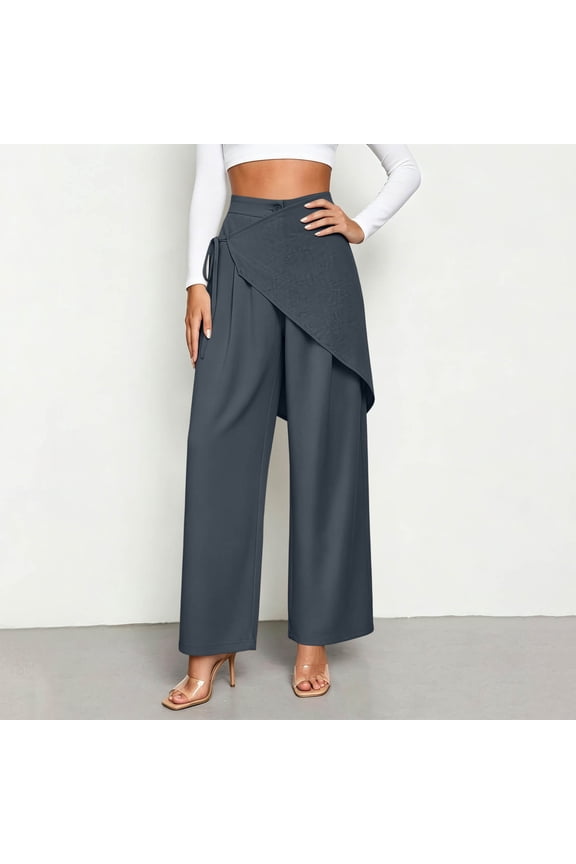 Women's Wrap Overlay Wide Leg Pants Asymmetric Waist Casual Trousers with Tie Detail Fashion Loose Bottoms