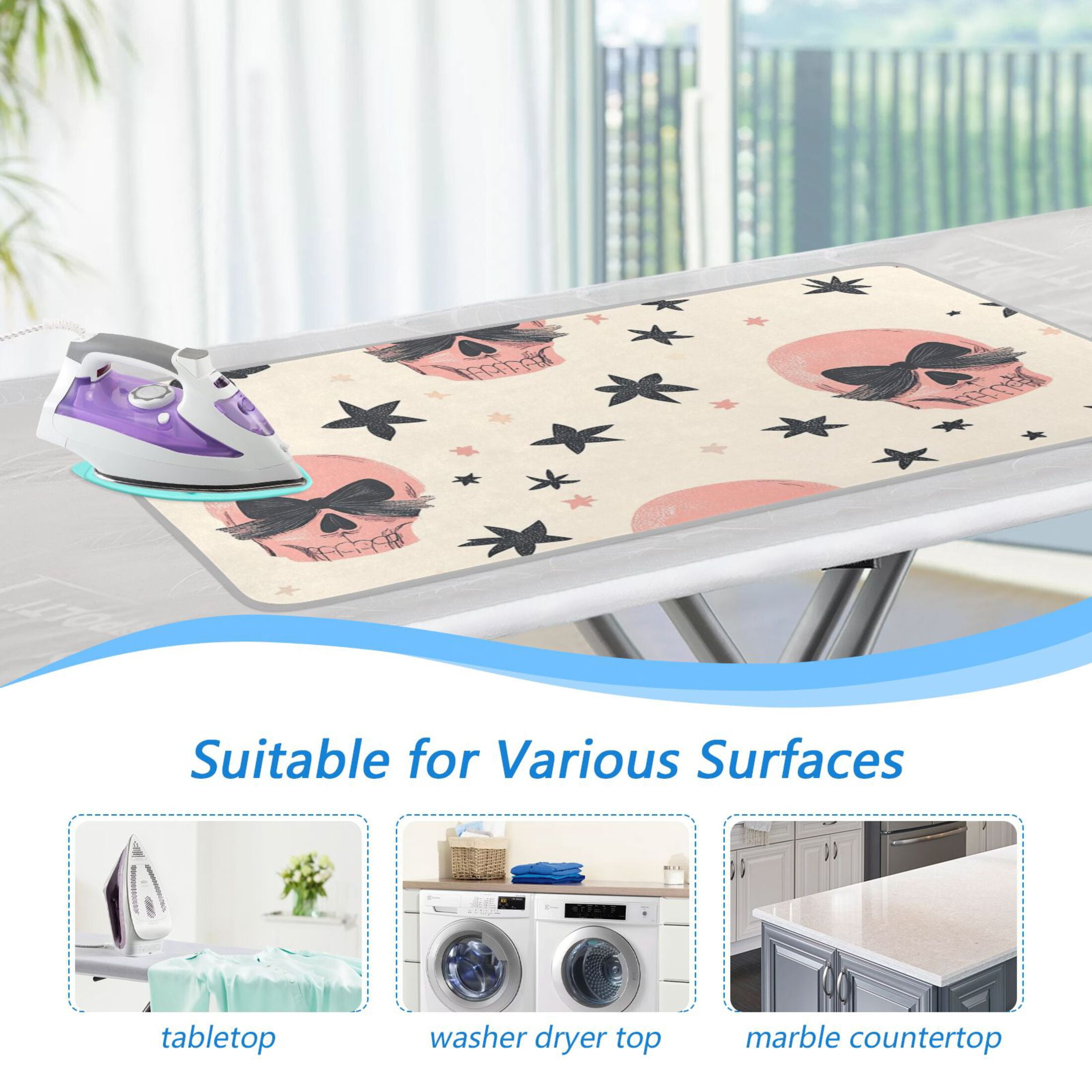 Skulls with Bowknots Stars Ironing Mat Blanket Portable Travel Ironing Pad Heat Resistant Pad 47.2" x 27.6”