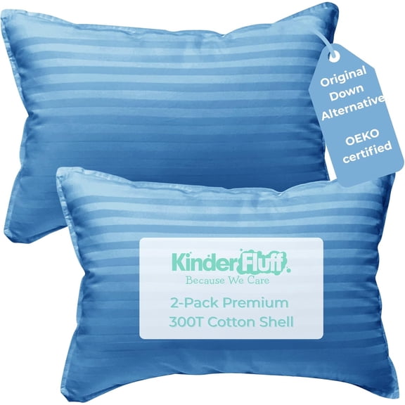 kinder Fluff Children Pillows (2X) - The Only Twin Pillows for Kids 300T Cotton Shell & Down Alternative Fill - Ideal Travel Pillows for Sleeping Kid, Bedding Set & Floor Cushions (16x24in - Blue)