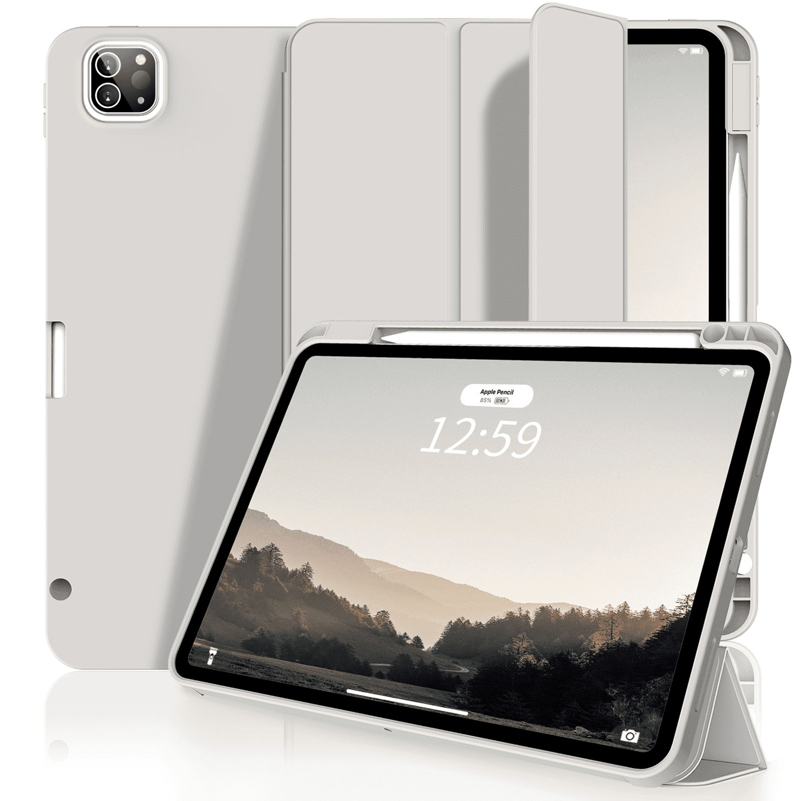 Aoub Case for Air 13 inch M2 2024 iPad Pro 12.9 inch 6th Generation 2022 / 5th Gen 2021 with Pencil Holder, Auto Wake/Sleep, Support iPad 2nd Pencil Charging, Tri-fold Stand， Gray