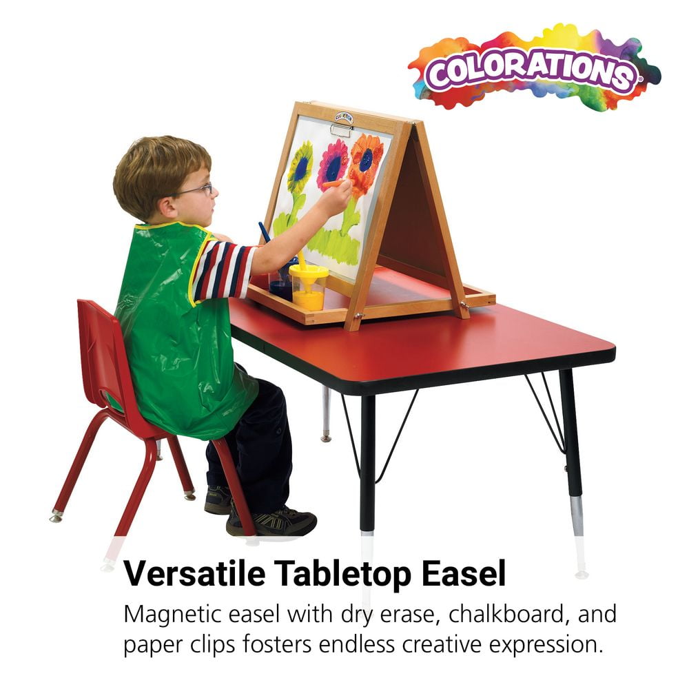 Colorations Tabletop Easel featuring magnetic dry erase board, chalkboard and clips to hold paper