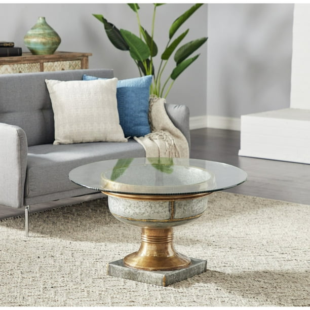 Kohr Pedestal Coffee Table Round Features Welded Metal Frame To Form Cup Like Structure With Securely Attached Tempered Glass Top Galvanized Grey Exterior A Matte Bronze Com Kohr Pedestal Coffee Table Round, Round Galvanized Coffee Table