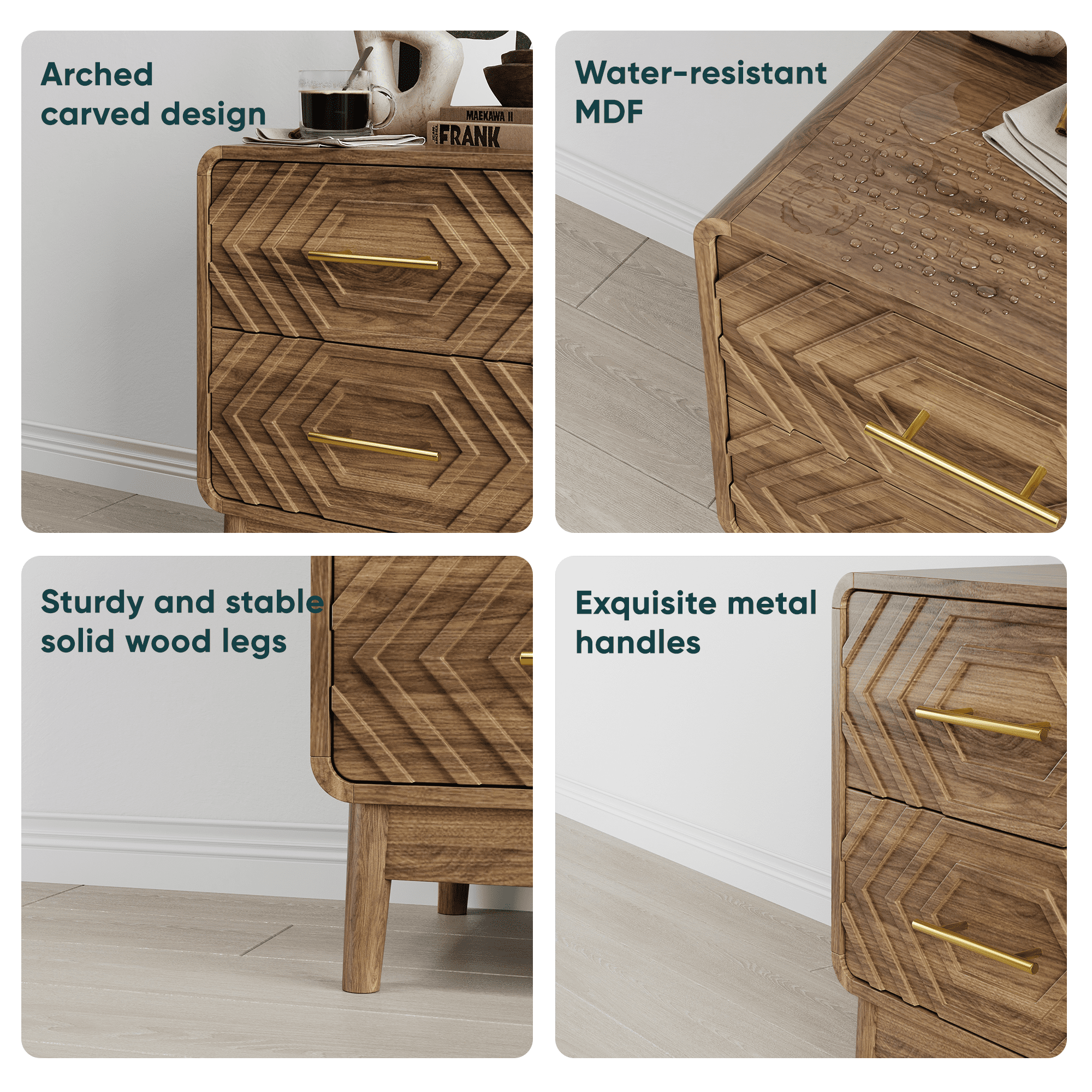 Walnut wood bedside table, double drawer bedside table with solid wood legs and gold metal handles, rounded corner end table suitable for bedroom.