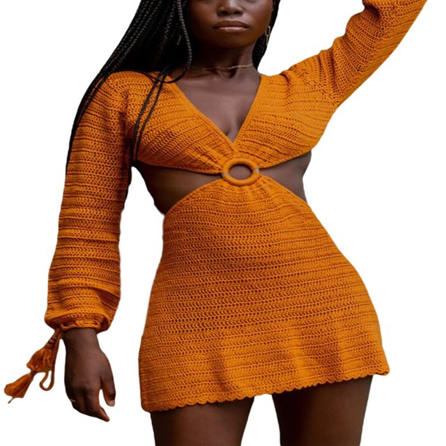 AMERTEER Robe de Plage Tricotée à Manches Longues avec Franges pour Femmes, Crochet Découpé