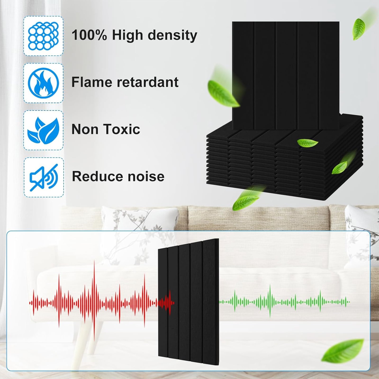 URTERYSER Pack of 12 Soundproof Foam Panels Wall Self Adhesive Acoustic Tiles Polyester Texture Perfect for Studios and Home Wall Black