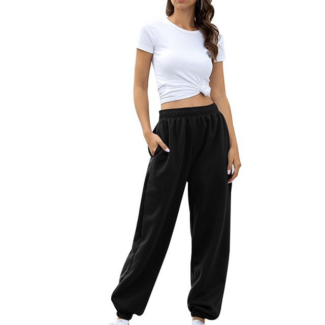 Wayren - Pantalones de chándal con parte inferior cerrada para mujer con bolsillos, pantalones de entrenamiento de cintura alta, pantalones Prendas para la parte inferior del cuerpo Negro Grueso