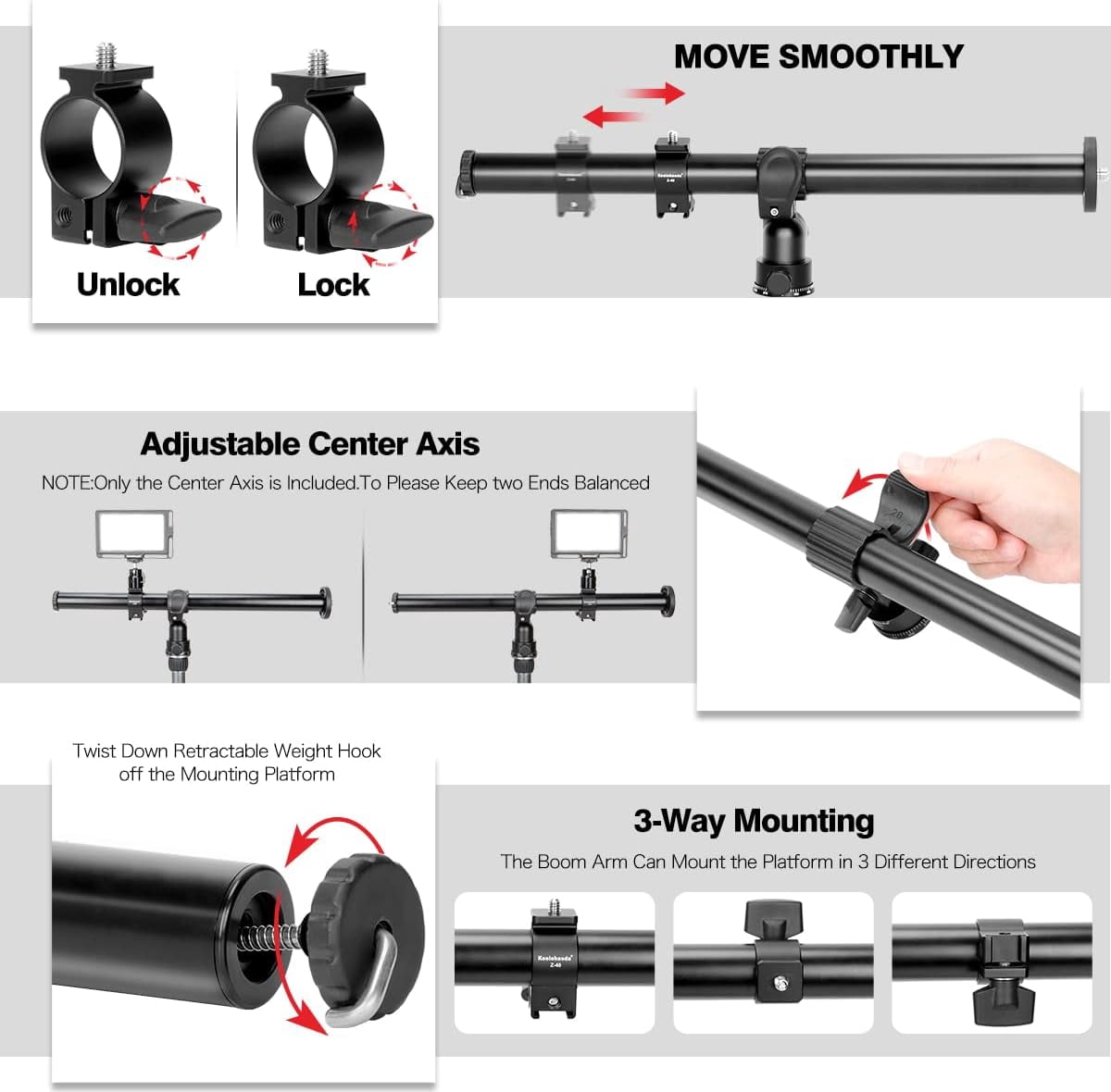 Koolehaoda 33" Tripod Extension Arm, Aluminum Horizontal Center Column arm 2 Sections with 360° rotatable for Overhead, Multi-Angle Photography, Load Up to 22lbs (Tripod not Included)