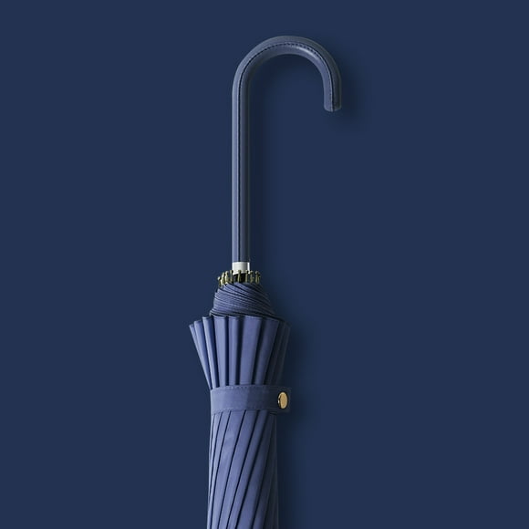 Parapluie à 16 Baleines à Long Manche Poignée en Cuir Parapluie Double Usage Pluie et Brillance Parapluie Écran Solaire Bleu Marine 60cm / 23 Po 16K