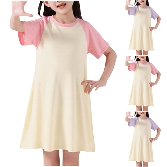 Girls Casual Homewear Dress Loose Fit Crewneck Short Sleeve Nightgown Dresses Kids Comdy Color Block Loungewear 4-13 Years