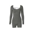 thumbnail image 2 of Women's Long Sleeve Bodysuit Shorts Square Neck Bodycon Romper One Piece Outfits Hollowed Back Yoga Sports u-neck High-waisted Hip Lift Grey M, 2 of 5