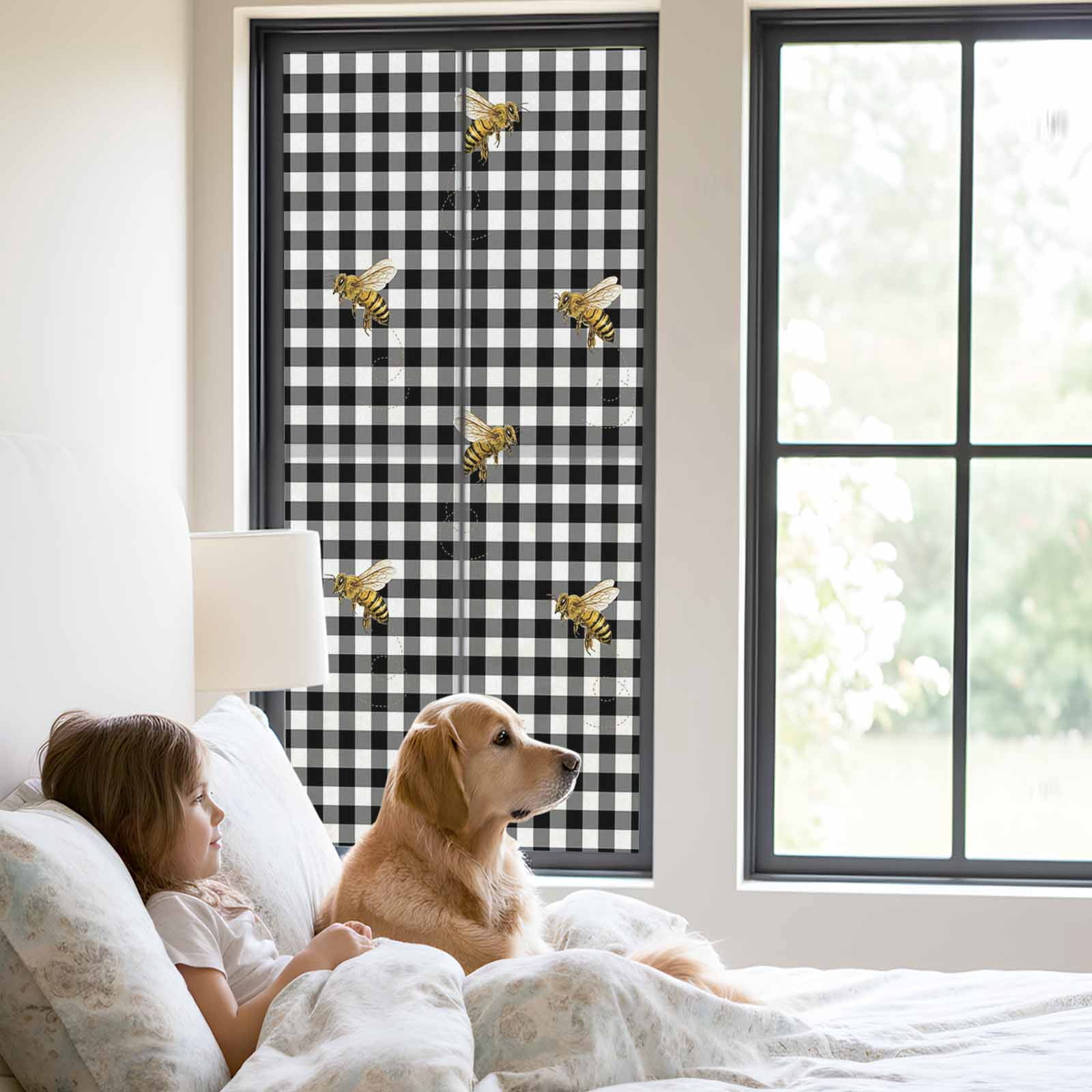 Bee Window Privacy Film, Country Bees Black White Buffalo Plaid Checkered Farmhouse Frosted Glass Window Clings Static Cling UV Heat Blocking Reusable Door Sticker for Bathroom 23.6 x 59 Inch