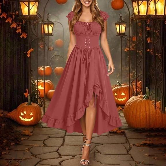 BRGZLK Womens Halloween Dress Gothic Sleeveless Smocked Ruffle Asymmetrical Hem Vintage Lace Up Tank Dresses Medieval Renaissance Festival Party Cosplay Costume Watermelon Red L