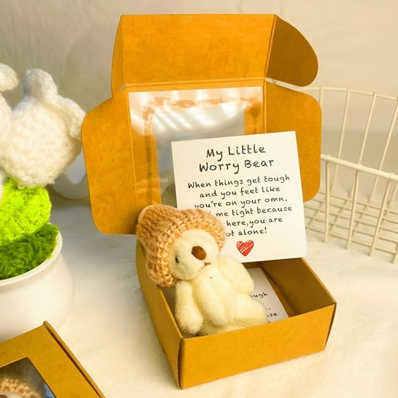 BESTSKY Little Bear in Box,My Little Worry Bear in a Box,Pocket Bears Hug,Handmade Mini Plush Teddy Bears with Hat,Send a Friend Stuffed Animals Sympathy Gift with Inspirational Card (White)