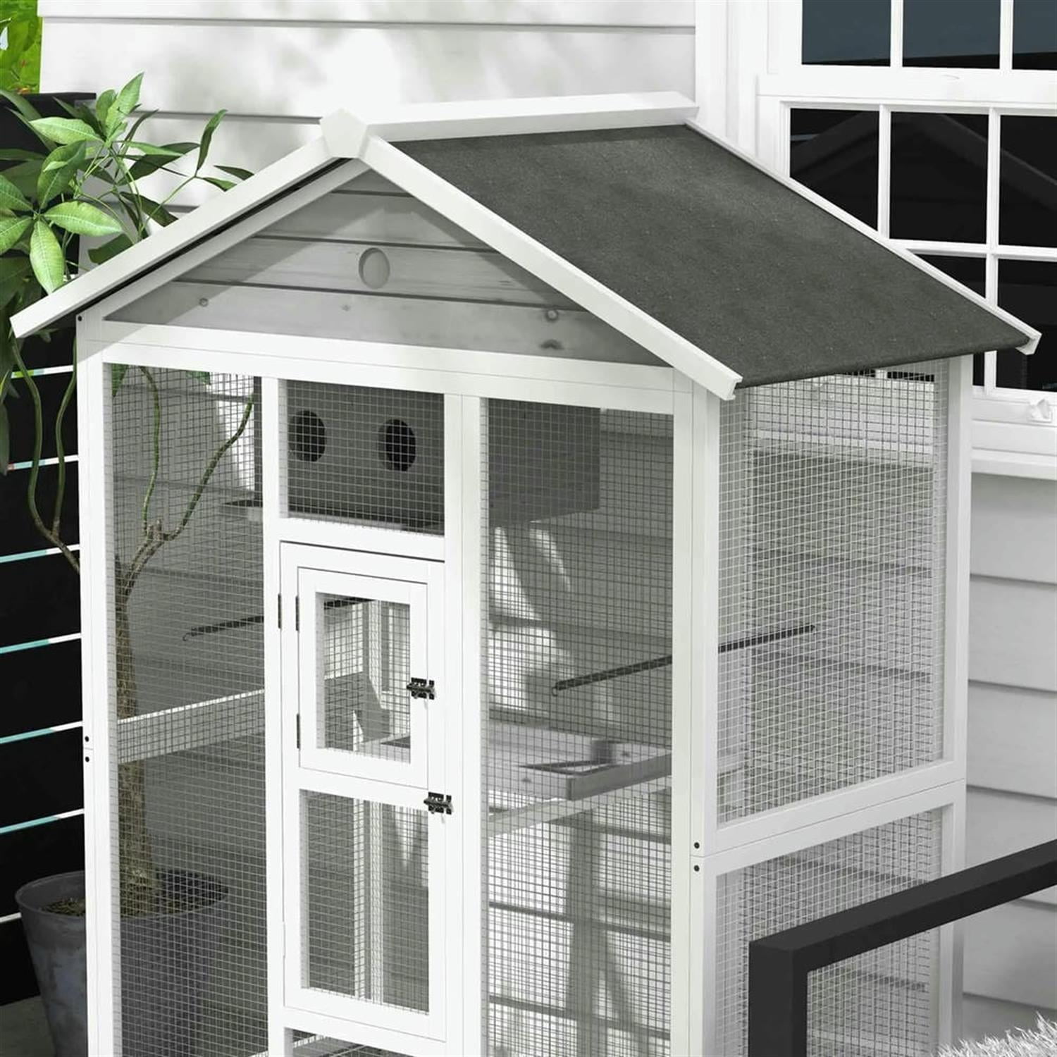 Kadyn 64" Height Wooden Outdoor Flight Bird Cage Aviary with 4 Perches and Slide-Out Tray for Parrots Conures Lovebird Cockatiel Parakeets, Gray
