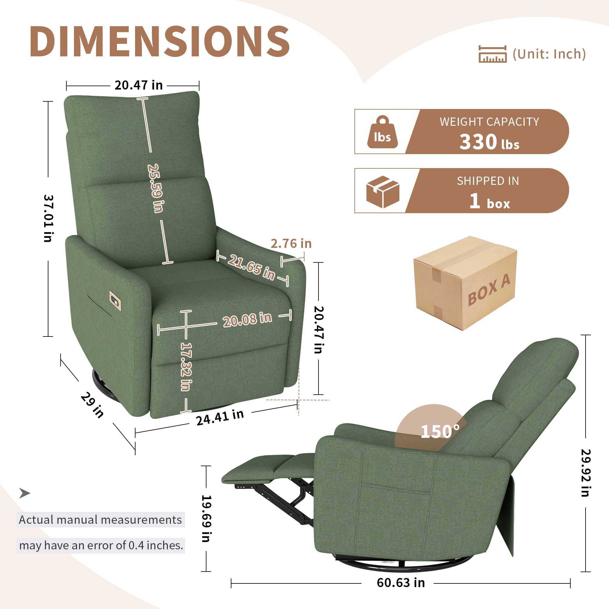 Leumius Swivel Recliner Chair,270° Swivel Rocker Chair for Adults,Small Rocking Recliner for Small Spaces, Upholstered Fabric Glider Recliner Nursery,Living Room Chair,Theater SeatingDark Green