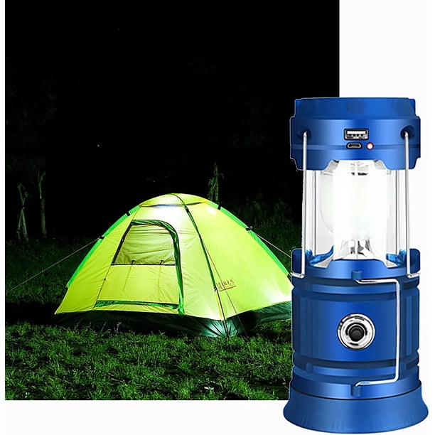 Linterna LED azul recargable por USB y solar, potente lámpara de camping, linterna portátil para jardín de 2 modos, linterna colgante de 360° con iluminación impermeable para vivac, rescate, garaje,