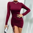 thumbnail image 2 of IROINNID Semi Formal Dress for Women Long Sleeve Bodycon Dress Solid Color Sexy Drawstring Waist Wrap Hip Round Neck Dress,Burgundy, 2 of 7