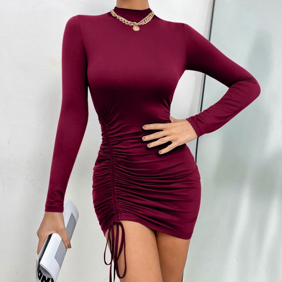 Women Dresses Plus High Collar Sexy Long Sleeved Solid Fashion Dresses Drawstring Fashion Dresses Wine Trendy Skirt Size L
