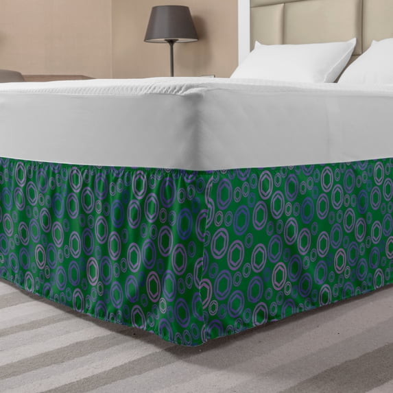 Green and Purple Bed Skirt, Geometric Modern Themed Pattern with Hexagons in Circles, Elastic Bedskirt Dust Ruffle Wrap Around for Bedding Decor, 4 Sizes, Green Lavender and Violet, by Ambesonne