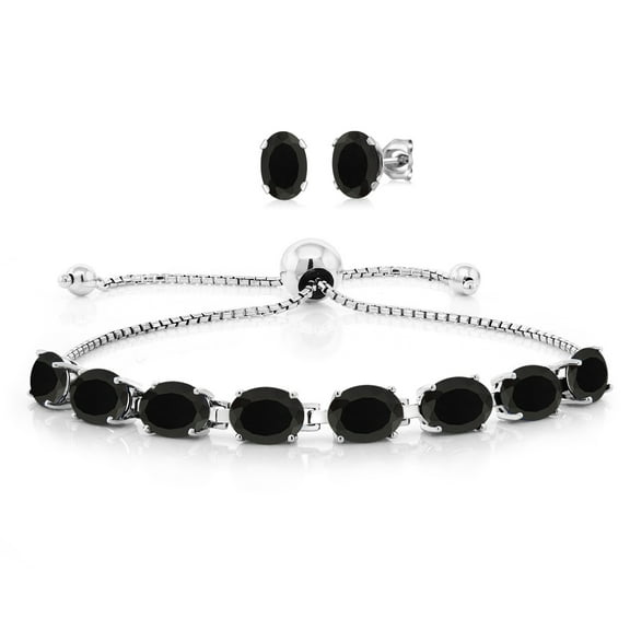 Gem Stone King 11.60 Cttw Black Onyx Bracelet and Earrings Jewelry Set for Women in 925 Sterling Silver | Gemstone December Birthstone | Oval 7X5MM | Fully Adjustable up to 9 inch